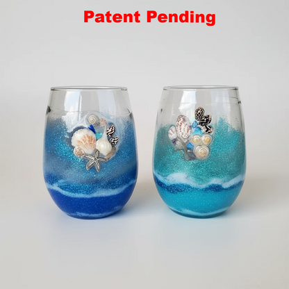 Stemless wine glas with multicole glitter and seashells