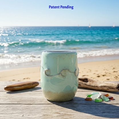Handmade 12oz teal fishing hook tumbler with real fishing hook and sand on a beach beside driftwood and seaglass