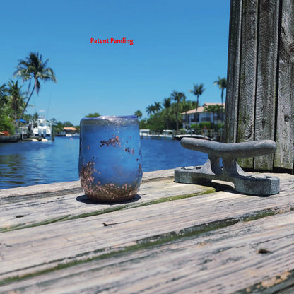 Rose Gold Seashell Saltwater Sips™ 12oz wine tumbler on dock – real seashells, fishing hooks and freshwater pearl handmade South Florida