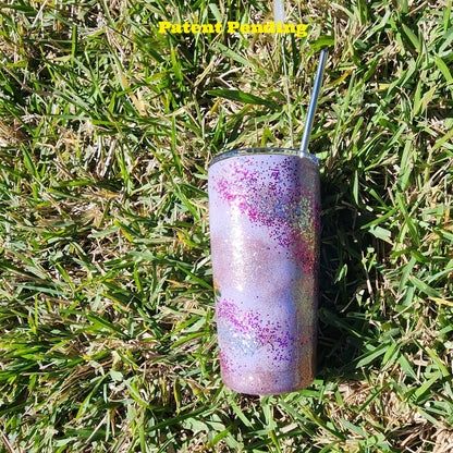 lavender coastal cowgirl tumbler with seashells and feathers