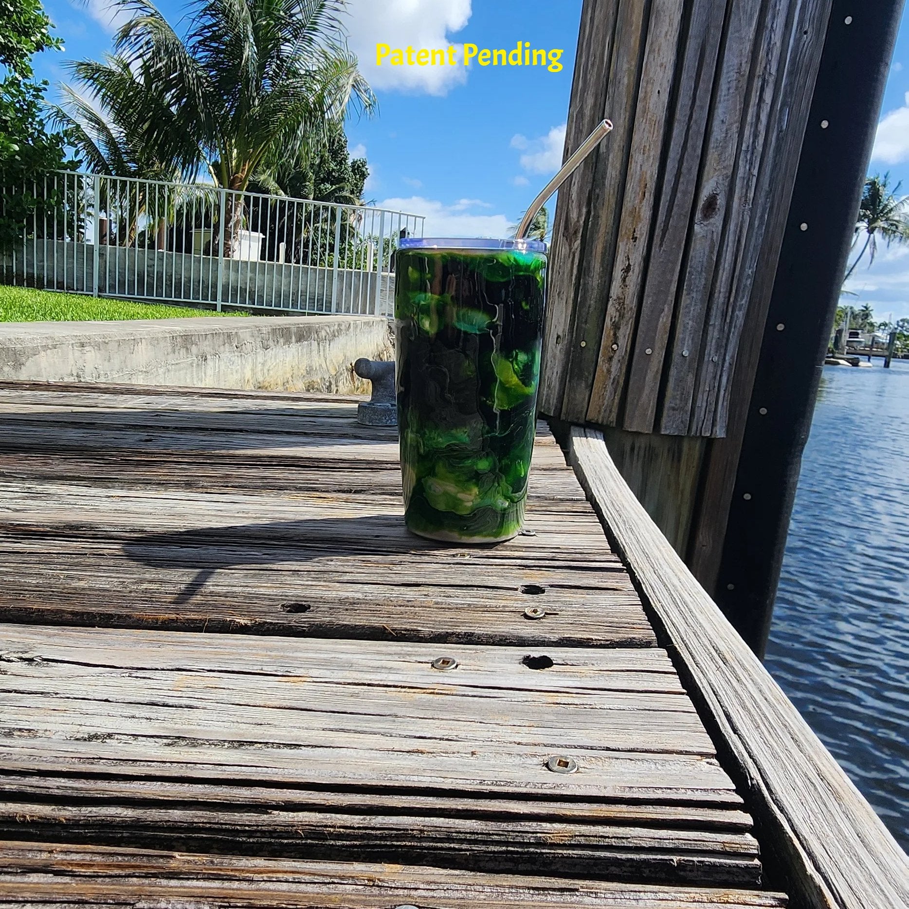 Night Tide Green fishing hook tumbler lifestyle photo, olive and lime green tones, South Florida made