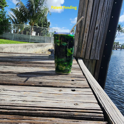 Night Tide Green fishing hook tumbler lifestyle photo, olive and lime green tones, South Florida made