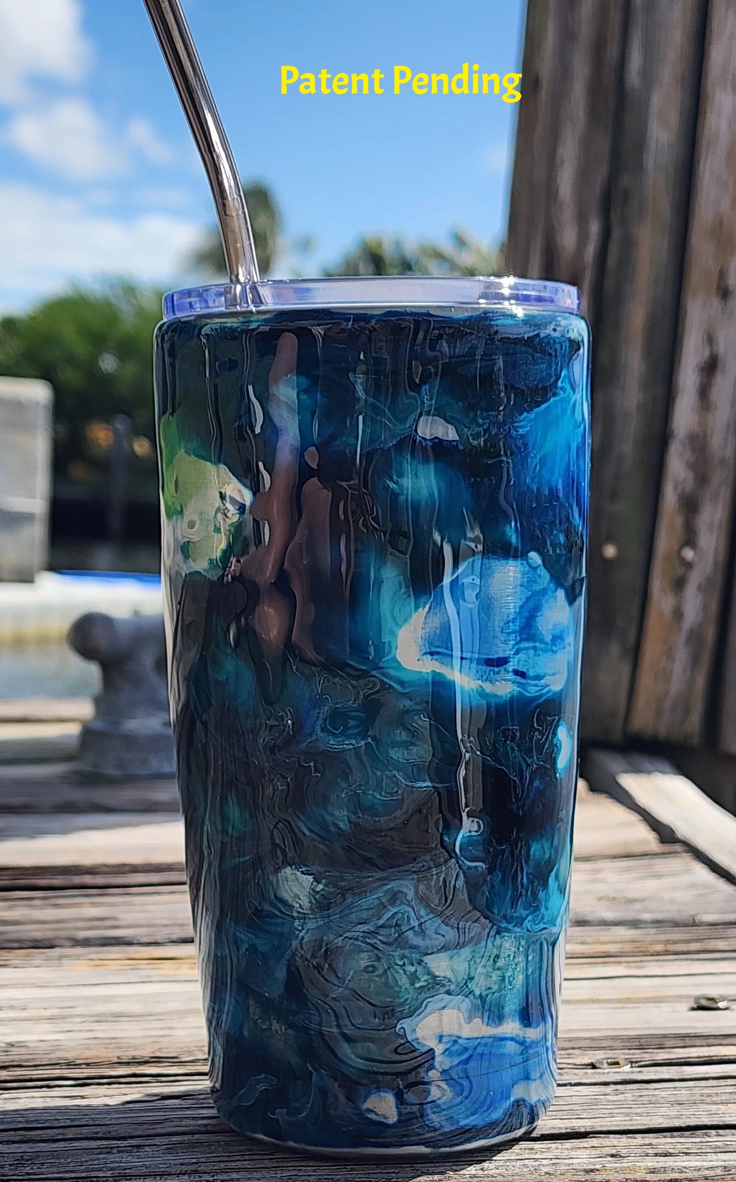 Close-up of Blue Lagoon tumbler showing blue tones,handmade Hook & Tumble