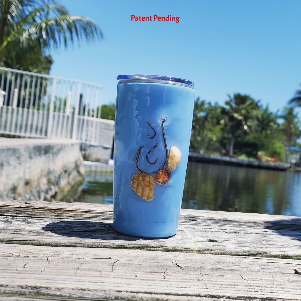 Side angle Blue Water Hook & Tumble™ 20oz tumbler showing real fishing hooks and shell pieces