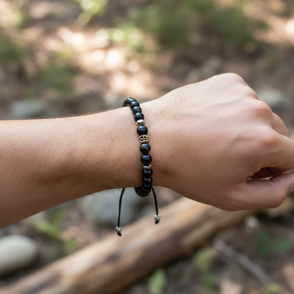 Men's Hematite & Black Tourmaline Gemstone Bracelet with Silver-Tone Spacers – Adjustable