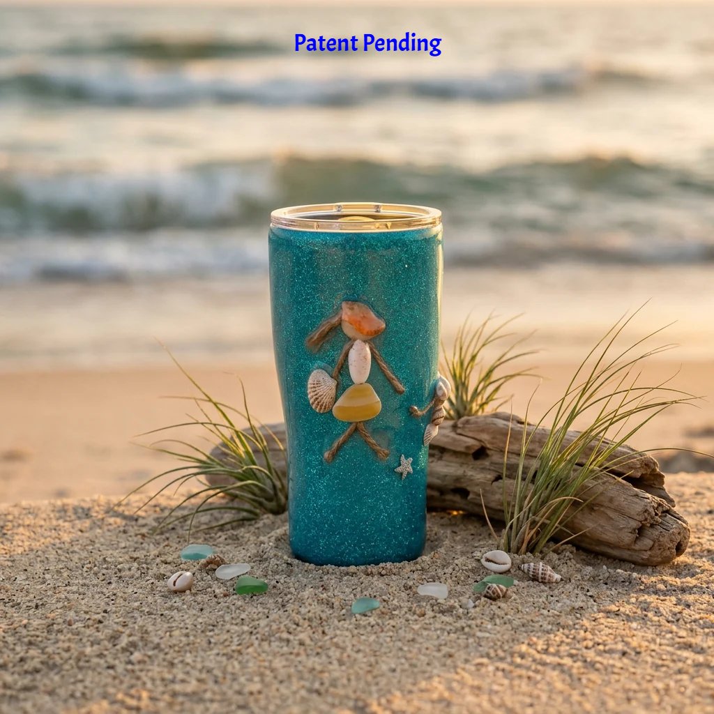 Saltwater Sips 20oz tumbler with a seashell figure on driftwood by the ocean