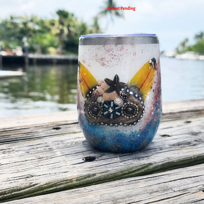 12oz 3D Ocean Treasure Glitter Tumbler - Insulated Beach Wine Tumbler with Feathers, Starfish & Seashells | Saltwater Sips™