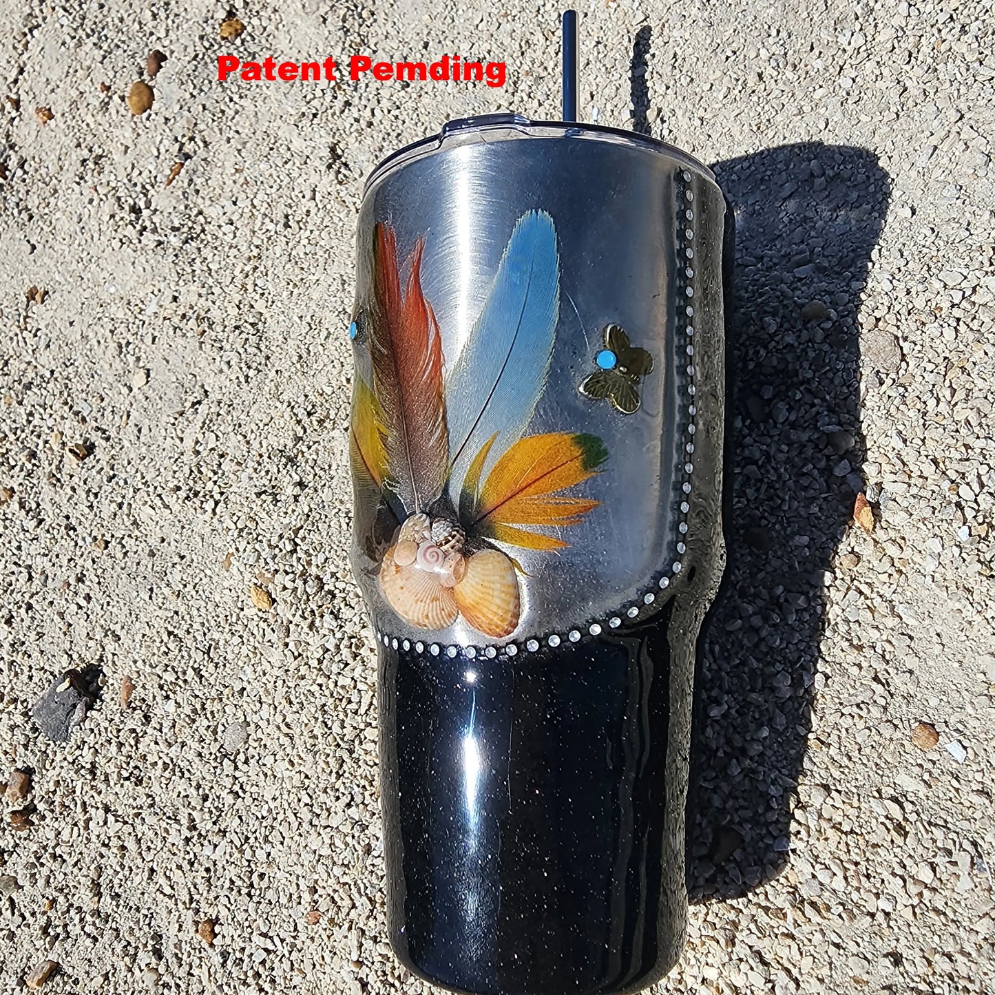 Black 30oz coastal feather tumbler with real seashells and Swarovski butterfly accents – Saltwater Sips drinkware