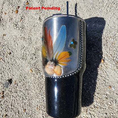 Black 30oz coastal feather tumbler with real seashells and Swarovski butterfly accents – Saltwater Sips drinkware