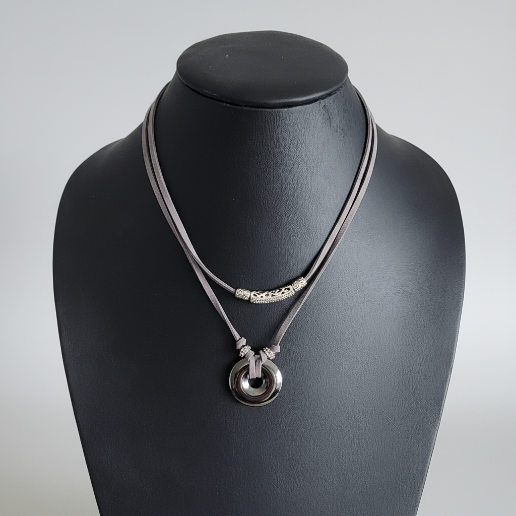 Hematite Stone adjustable choker necklace on gray faux suede cord