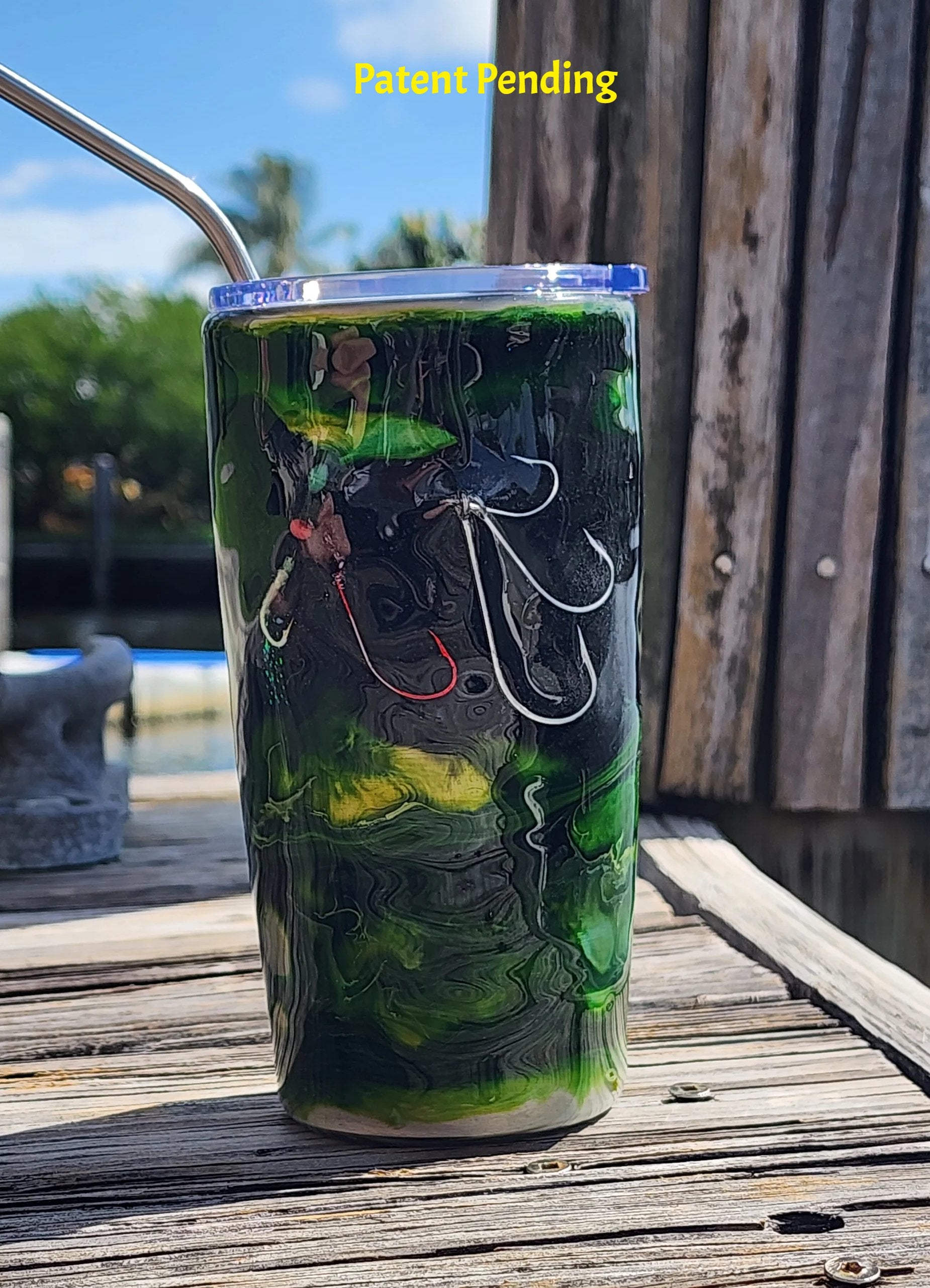 Hook & Tumble Night Tide Green 20oz tumbler on dock, coastal fishing drinkware handmade USA