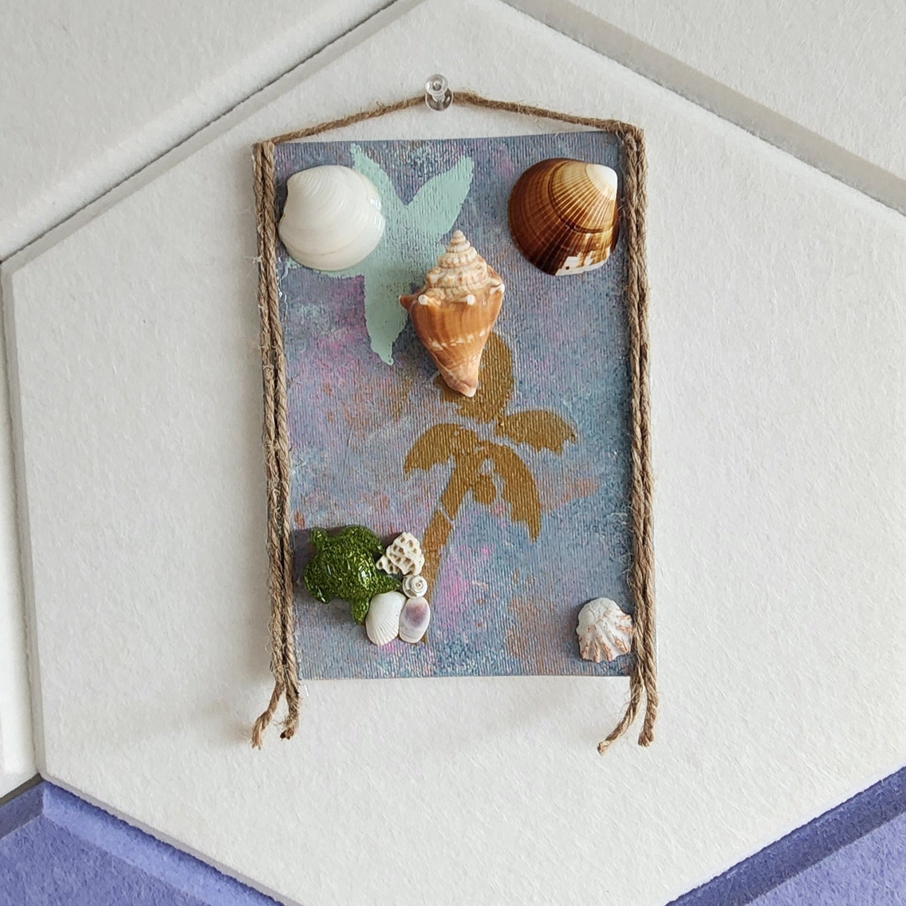 Palm & Conch  seashell jewelry holder wall decor with real shells and resin accent, handmade coastal wall art