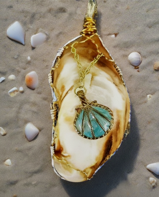 Elongated White-Brown Oyster Shell Pendant-Gold/Turquoise Shell Charm-gold/silver tone wire wrapped