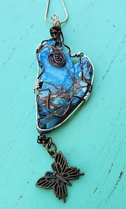 Sea Sediment Jasper Pendant Wire Wrapped With Buttery Charm - South Florida Boho Boutique