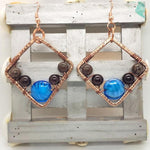 Hammered Square Copper Earrings With Blue Lamp WorkBeads And Brown Jasper