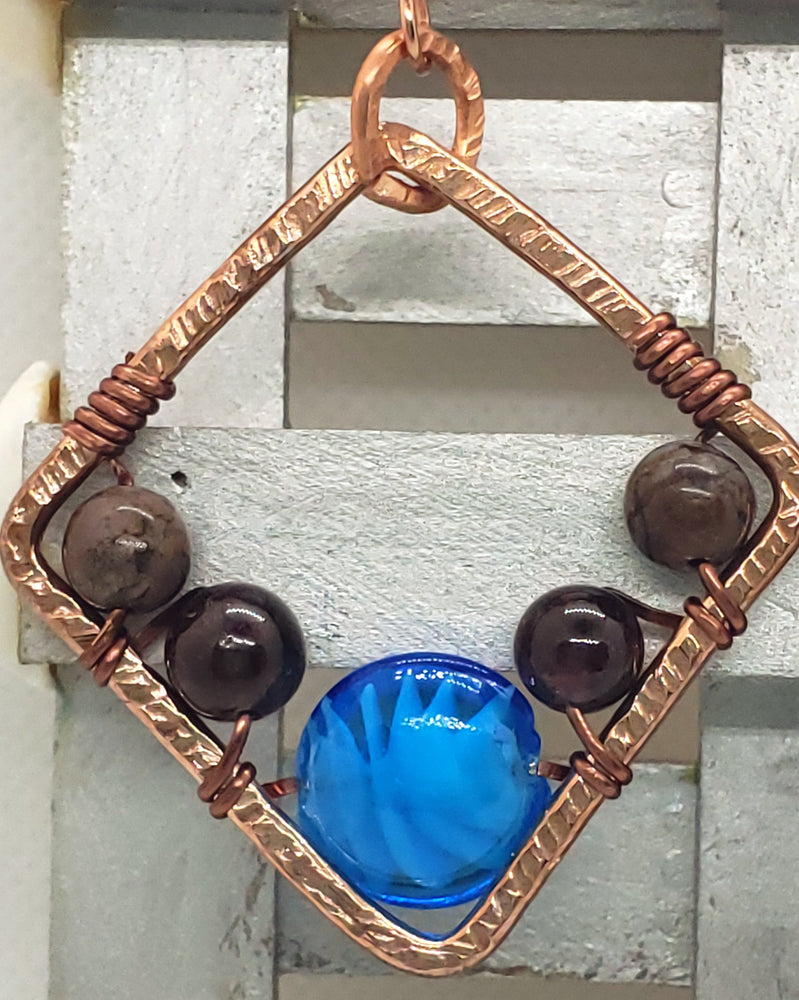 Hammered Square Copper Earrings With Blue Lamp WorkBeads And Brown Jasper - South Florida Boho Boutique