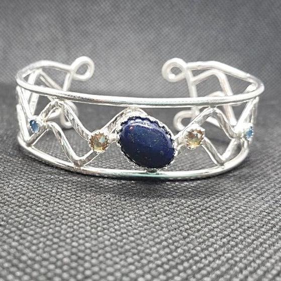 Sterling Silver Wave Bracelet Cuff  With  Oval Lapis Lazuli Cabochon and Swarovski Rhinestones - South Florida Boho Boutique