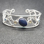 Sterling Silver Wave Bracelet Cuff  With  Oval Lapis Lazuli Cabochon and Swarovski Rhinestones - South Florida Boho Boutique
