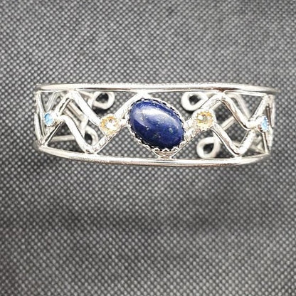 Sterling Silver Wave Bracelet Cuff  With  Oval Lapis Lazuli Cabochon and Swarovski Rhinestones - South Florida Boho Boutique