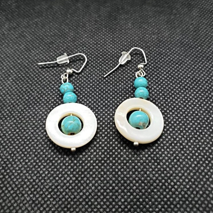 Mother Of Pearl White Ear Rings With With Turquoise Howlite Gemstone Beads - South Florida Boho Boutique