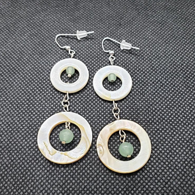 Mother Of Pearl Dangling Ear Rings With Green Aventurine - South Florida Boho Boutique