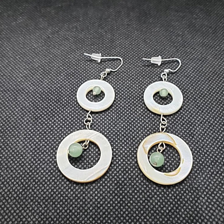 Mother Of Pearl Dangling Ear Rings With Green Aventurine - South Florida Boho Boutique