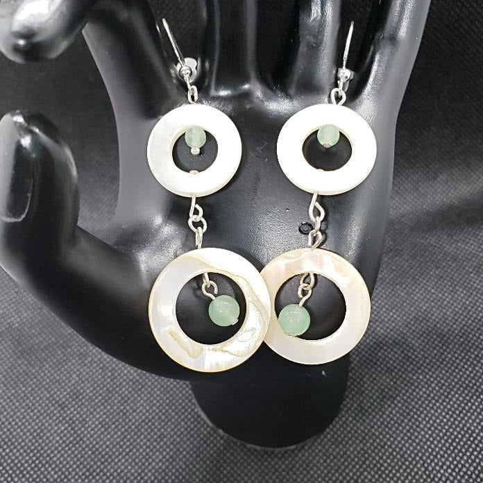 Mother Of Pearl Dangling Ear Rings With Green Aventurine - South Florida Boho Boutique