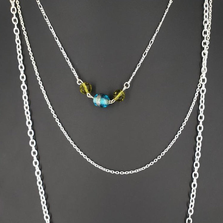 Three Layer Necklace With Olive And Blue Beads - South Florida Boho Boutique