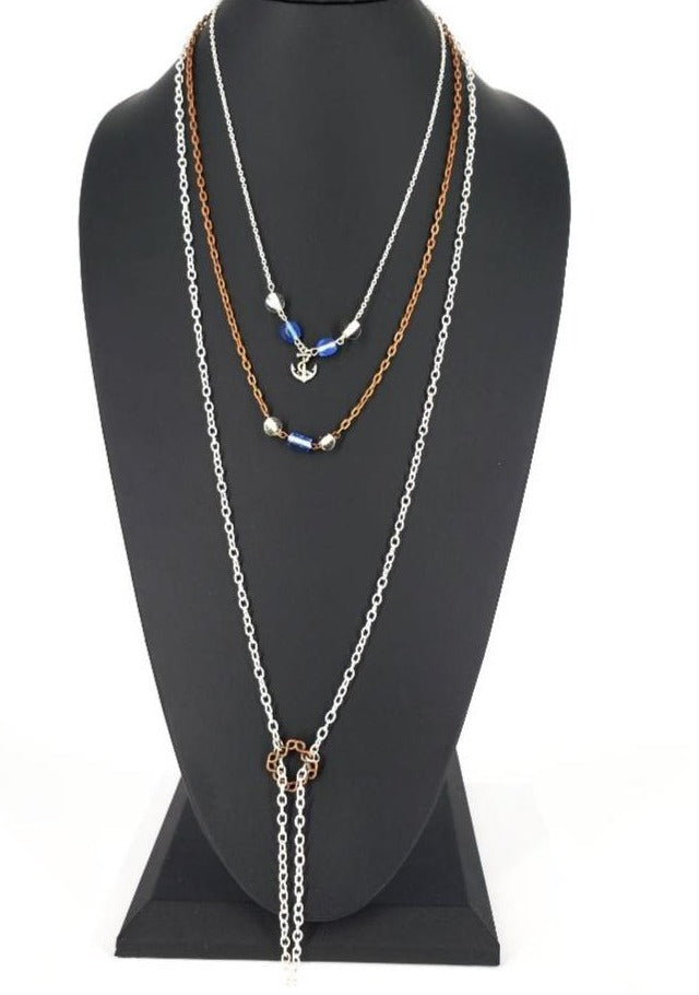 Three Layer Silver-Copper Necklace With Blue And Clear  Beads And Anchor Charm - South Florida Boho Boutique
