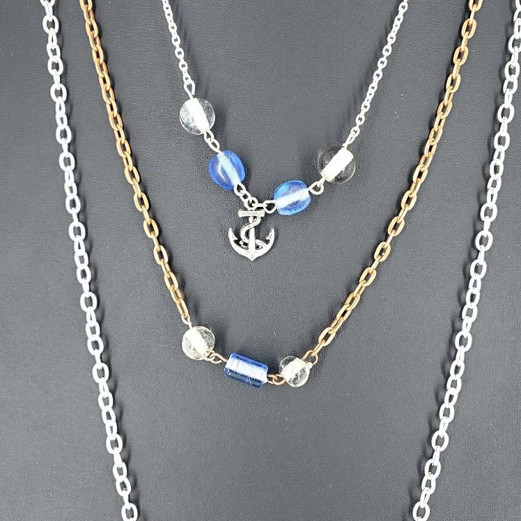 Three Layer Silver-Copper Necklace With Blue And Clear  Beads And Anchor Charm - South Florida Boho Boutique