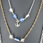 Three Layer Silver-Copper Necklace With Blue And Clear  Beads And Anchor Charm