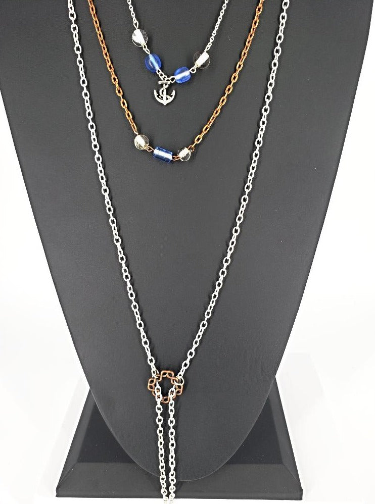Three Layer Silver-Copper Necklace With Blue And Clear  Beads And Anchor Charm - South Florida Boho Boutique