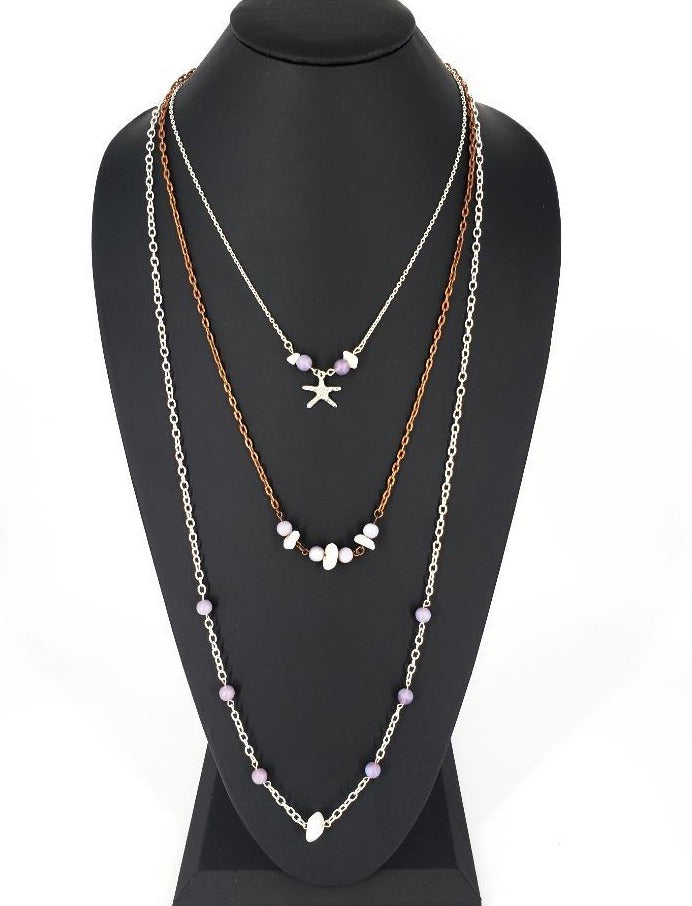 Three Layer Silver-Copper Necklace With Purple Beads - White Quartz Chips And Starfisch Charm - South Florida Boho Boutique