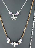 Three Layer Silver-Copper Necklace With Purple Beads - White Quartz Chips And Starfisch Charm - South Florida Boho Boutique