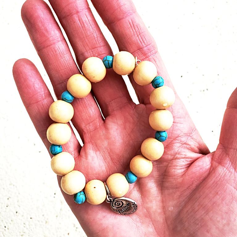 Follow Your Heart Charm  Natural Wood Bead Stretchband With Green Howlite Bead - South Florida Boho Boutique