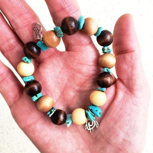 Turtle Charm  Natural Wood Bead Stretchband With Green Howlite Chips - South Florida Boho Boutique
