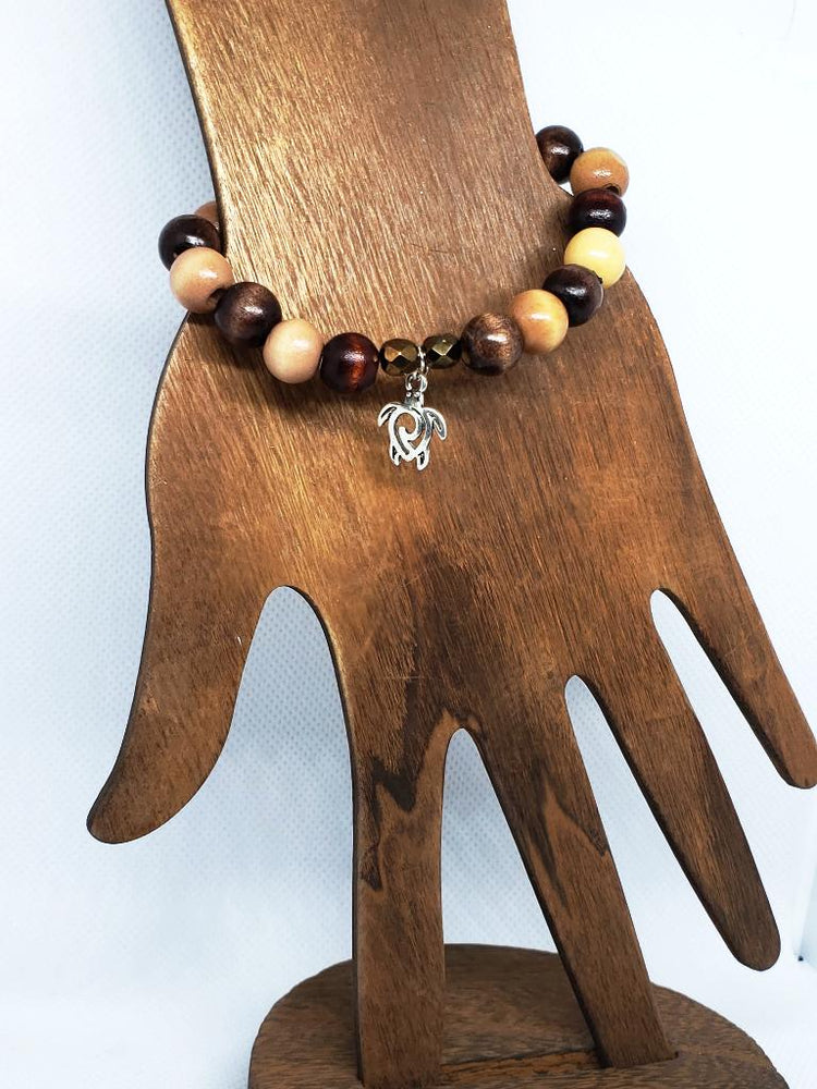 Turtle Charm Natural Wood Bead Stretchband - South Florida Boho Boutique
