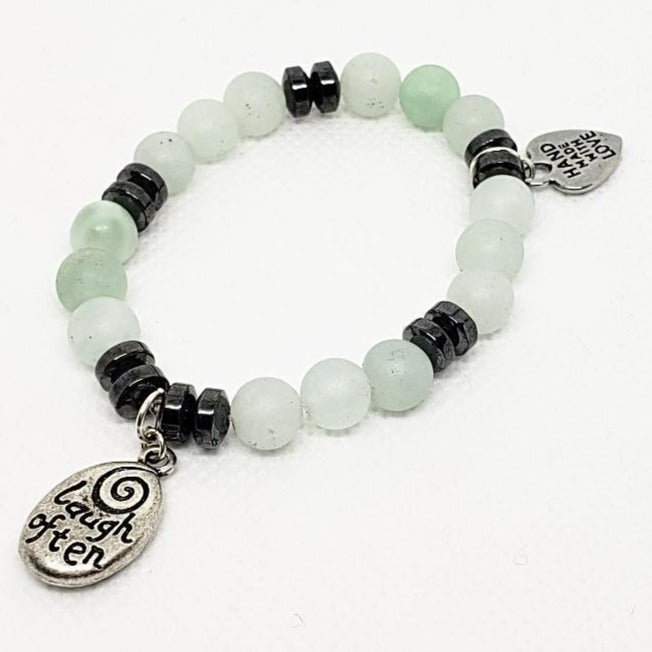 Handmade Beaded Stretchband - Green Aventurine - Hematite With Love Much-Laugh Often Charm - South Florida Boho Boutique