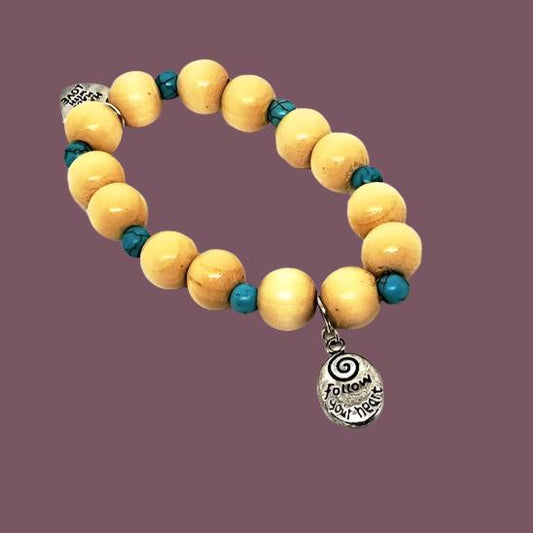 Follow Your Heart Charm  Natural Wood Bead Stretchband With Green Howlite Bead - South Florida Boho Boutique