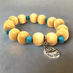 Follow Your Heart Charm  Natural Wood Bead Stretchband With Green Howlite Bead - South Florida Boho Boutique