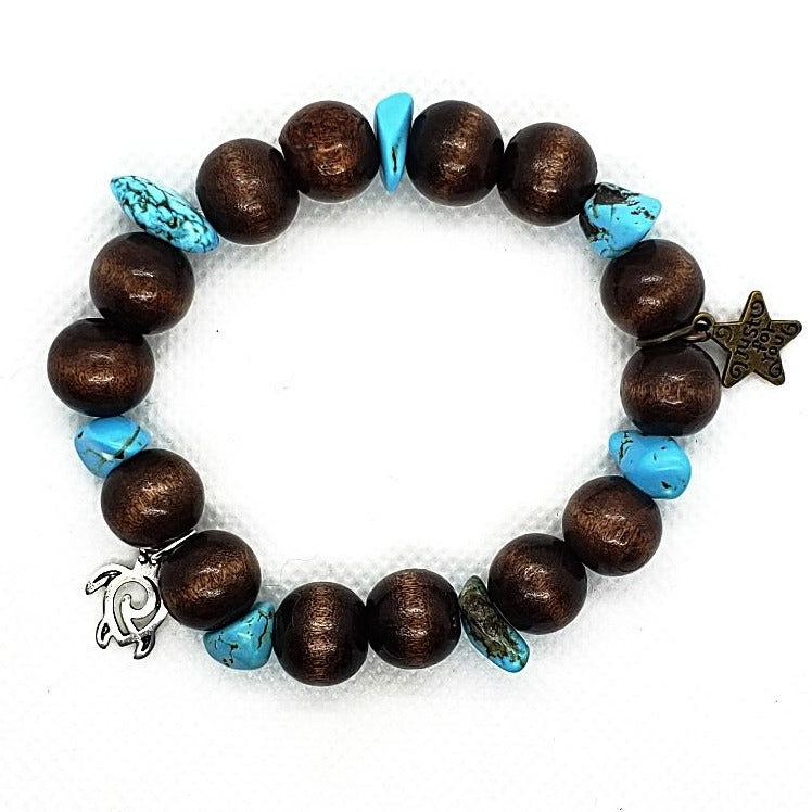 Turtle Charm Natural Wood Bead Stretchband With Blue Turquoise Howlite Chips - South Florida Boho Boutique