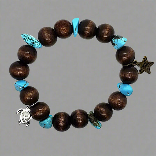 Turtle Charm Natural Wood Bead Stretchband With Blue Turquoise Howlite Chips - South Florida Boho Boutique