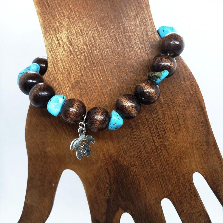 Turtle Charm Natural Wood Bead Stretchband With Blue Turquoise Howlite Chips - South Florida Boho Boutique