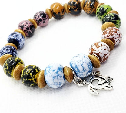 Multi Colored Ceramic Bead Stretchband With Turtle Charm - South Florida Boho Boutique