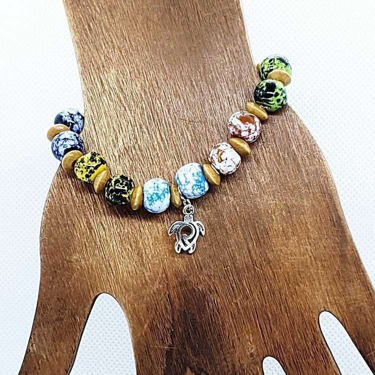 Multi Colored Ceramic Bead Stretchband With Turtle Charm - South Florida Boho Boutique