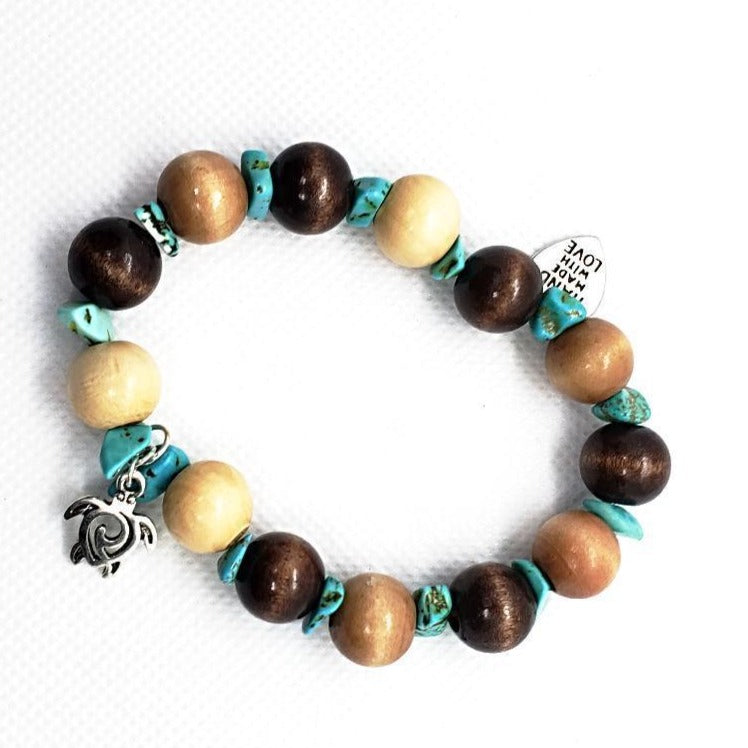 Turtle Charm  Natural Wood Bead Stretchband With Green Howlite Chips - South Florida Boho Boutique
