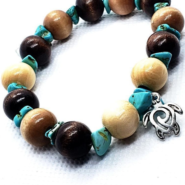 Turtle Charm  Natural Wood Bead Stretchband With Green Howlite Chips - South Florida Boho Boutique