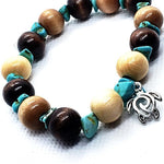 Turtle Charm  Natural Wood Bead Stretchband With Green Howlite Chips - South Florida Boho Boutique