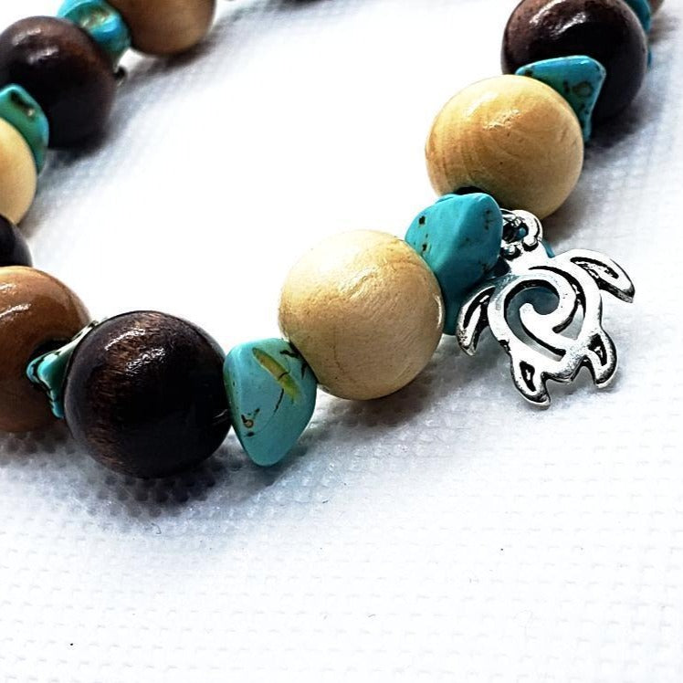 Turtle Charm  Natural Wood Bead Stretchband With Green Howlite Chips - South Florida Boho Boutique