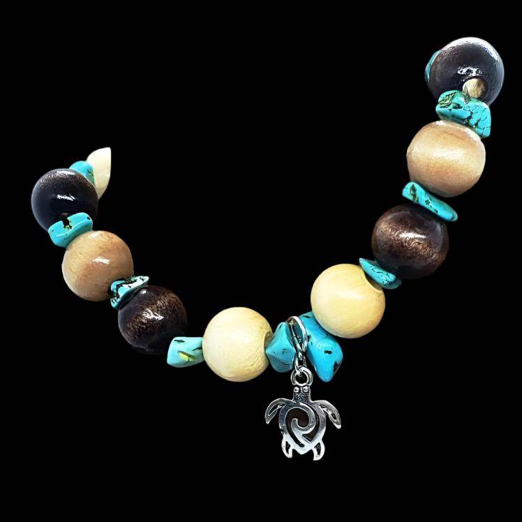 Turtle Charm  Natural Wood Bead Stretchband With Green Howlite Chips - South Florida Boho Boutique